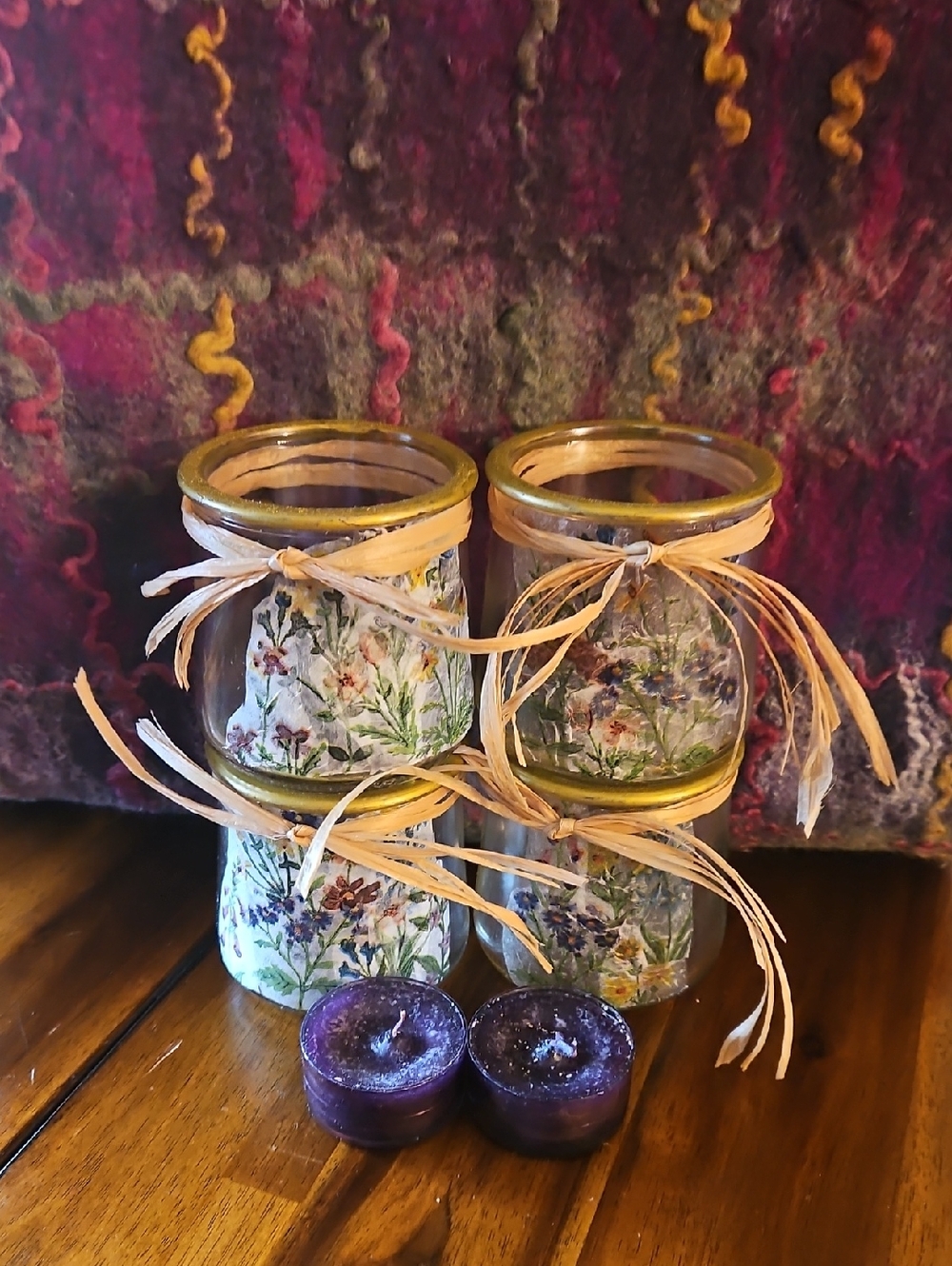 Decopaged Floral Glass Candle Holders - Gold Rim, Natural Twine. Qty 4 w/Candles